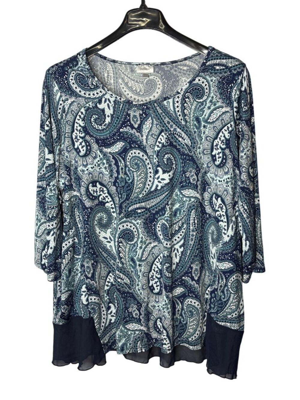 Avenue Womens Paisley Print Tunic Top With Sheer Hem Size 22/24 Blue Green White